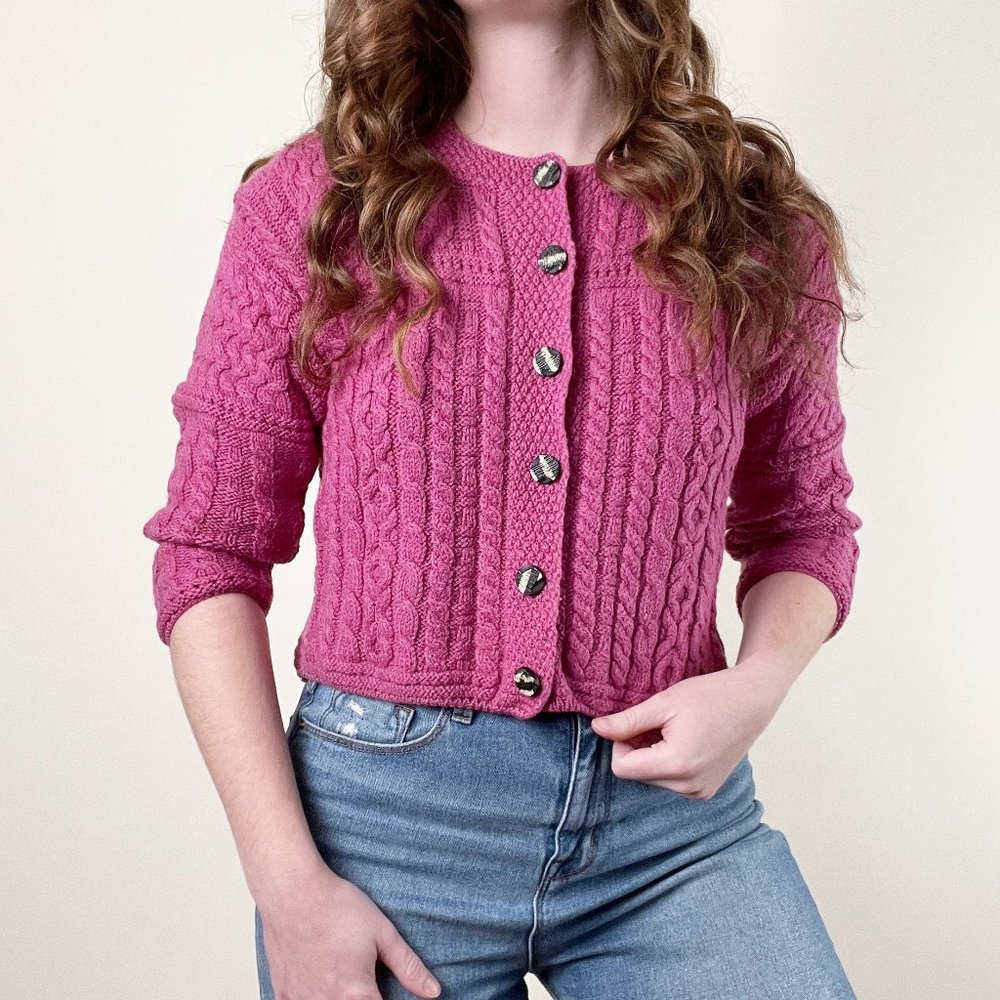 Vintage Irish Wool Pink Cable Knit Button-Front Cardigan